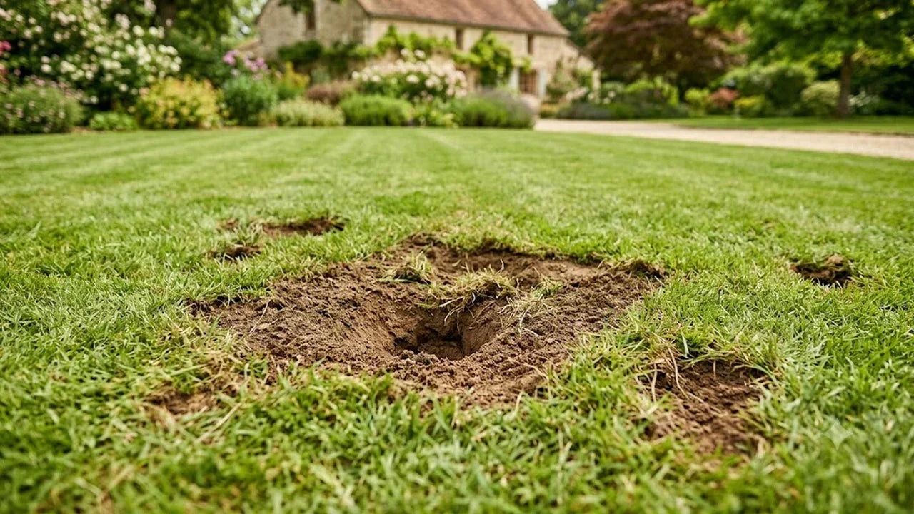 Petits trous dans une pelouse verte devant une maison de campagne