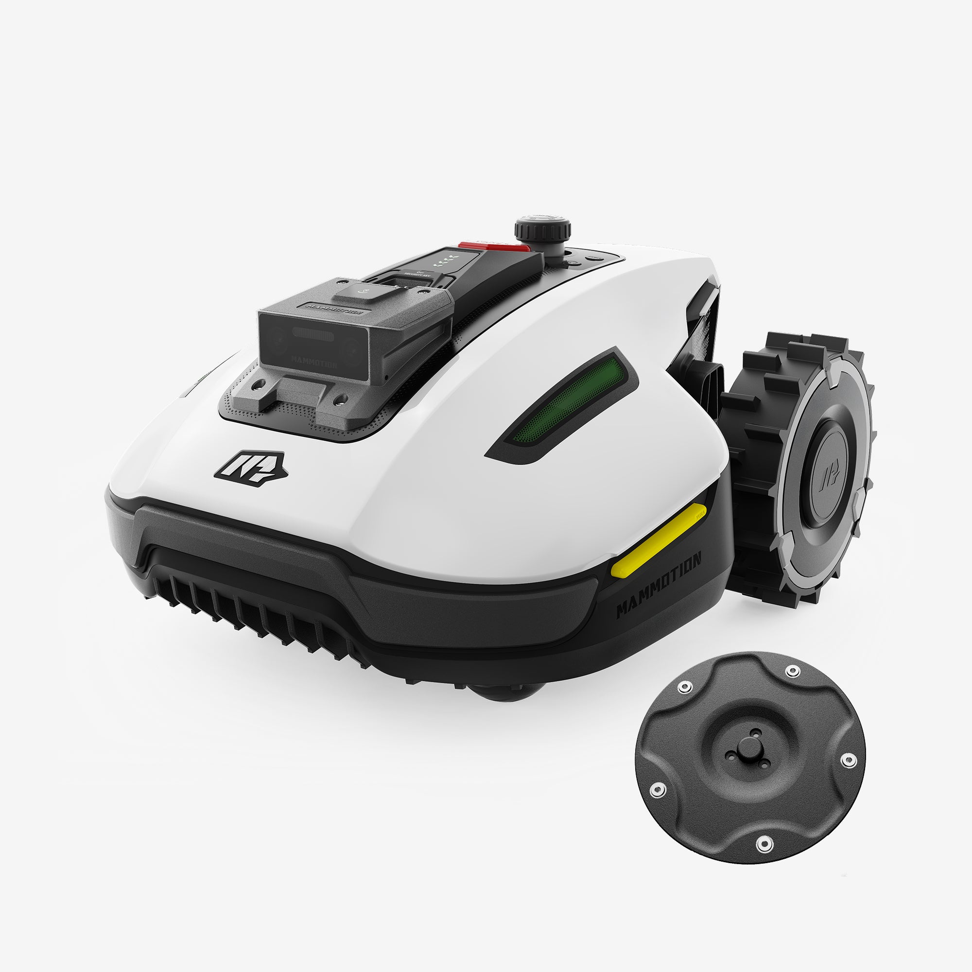 Robot tondeuse sans fil périphérique Mammotion YUKA Mini blanc, vue latérale droite avec un disque de coupe
