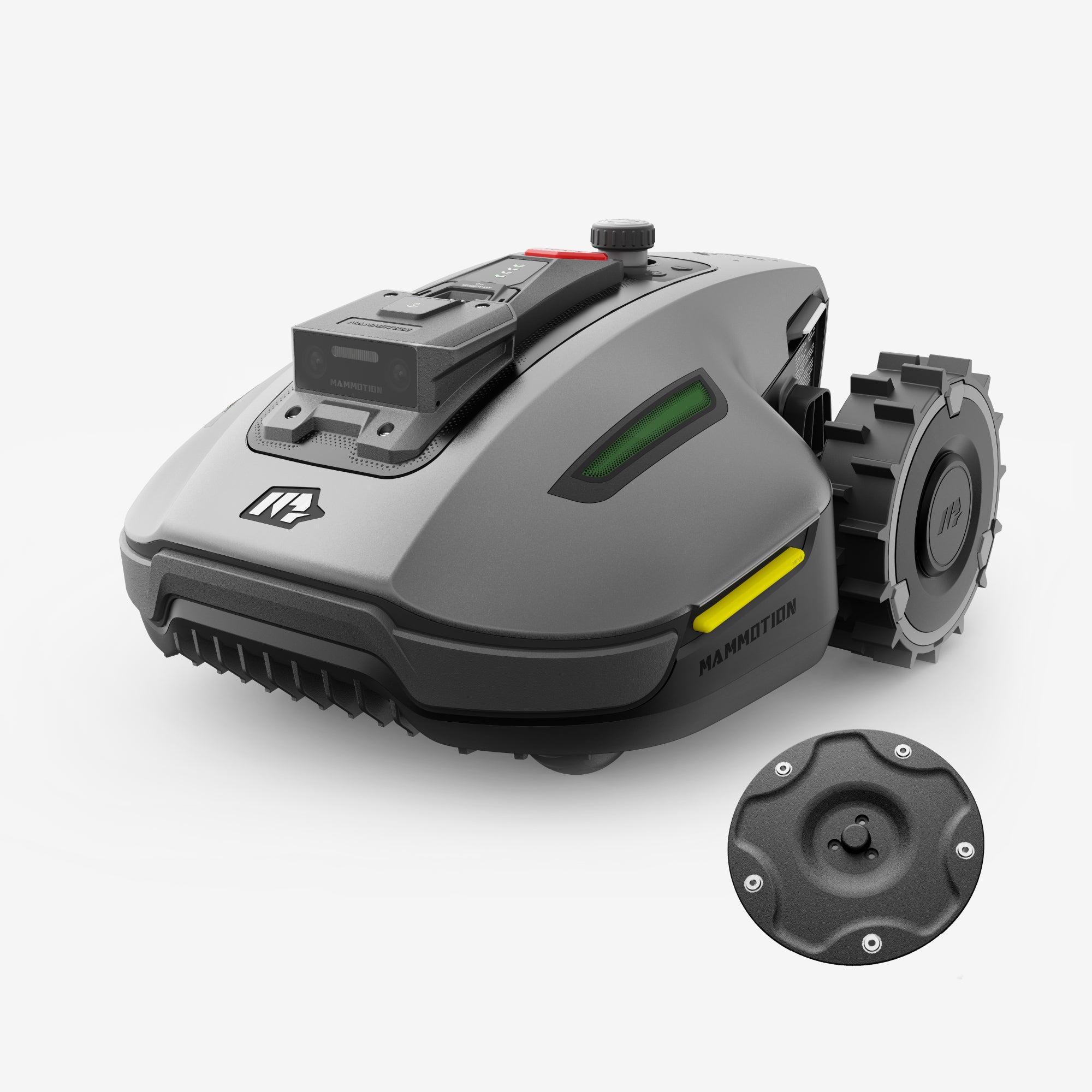 Robot tondeuse sans fil périphérique Mammotion YUKA Mini noir, vue latérale droite avec un disque de coupe