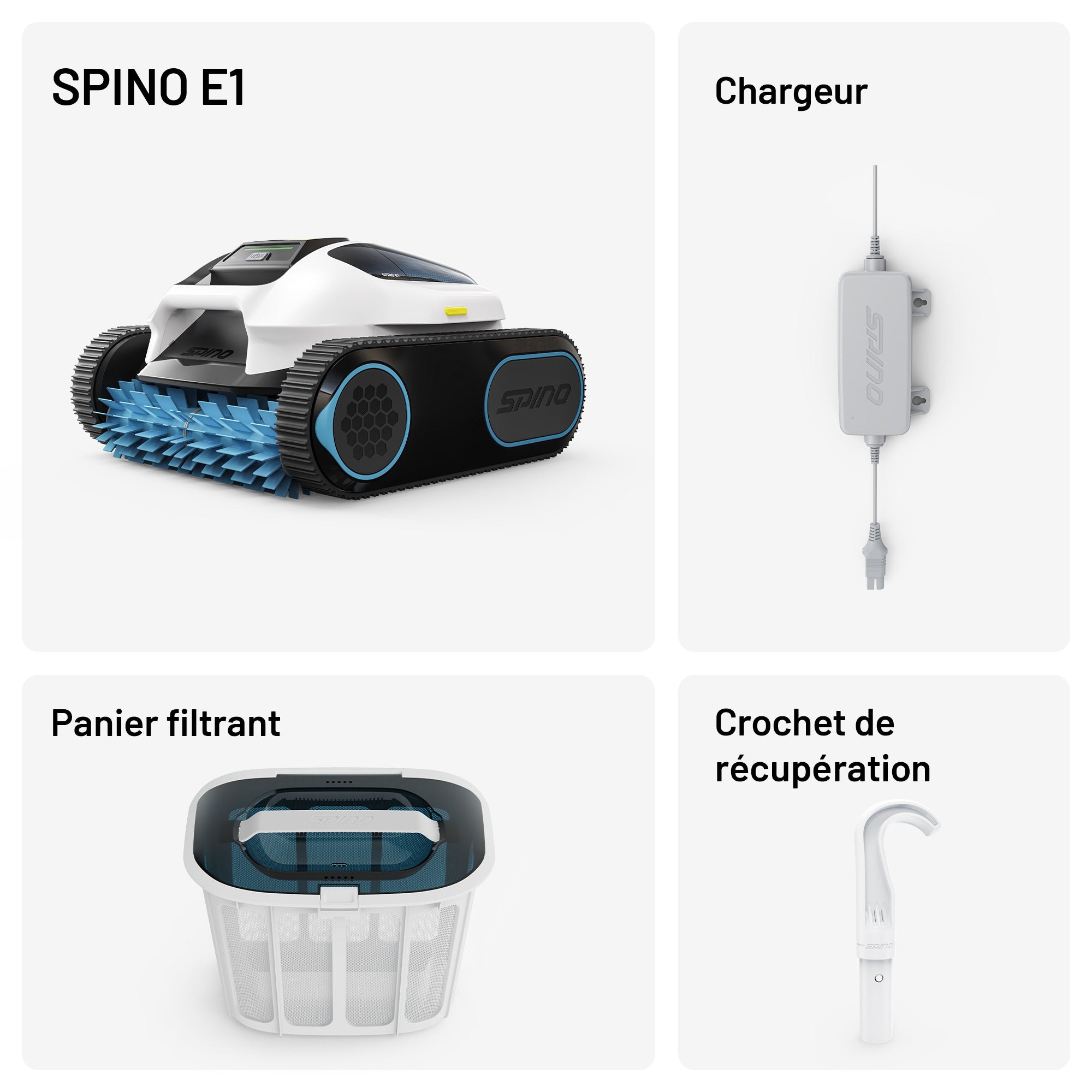 Ensemble robot de piscine Mammotion SPINO E1 comprenant l'unité principale, le chargeur, le panier, et le crochet de récup�