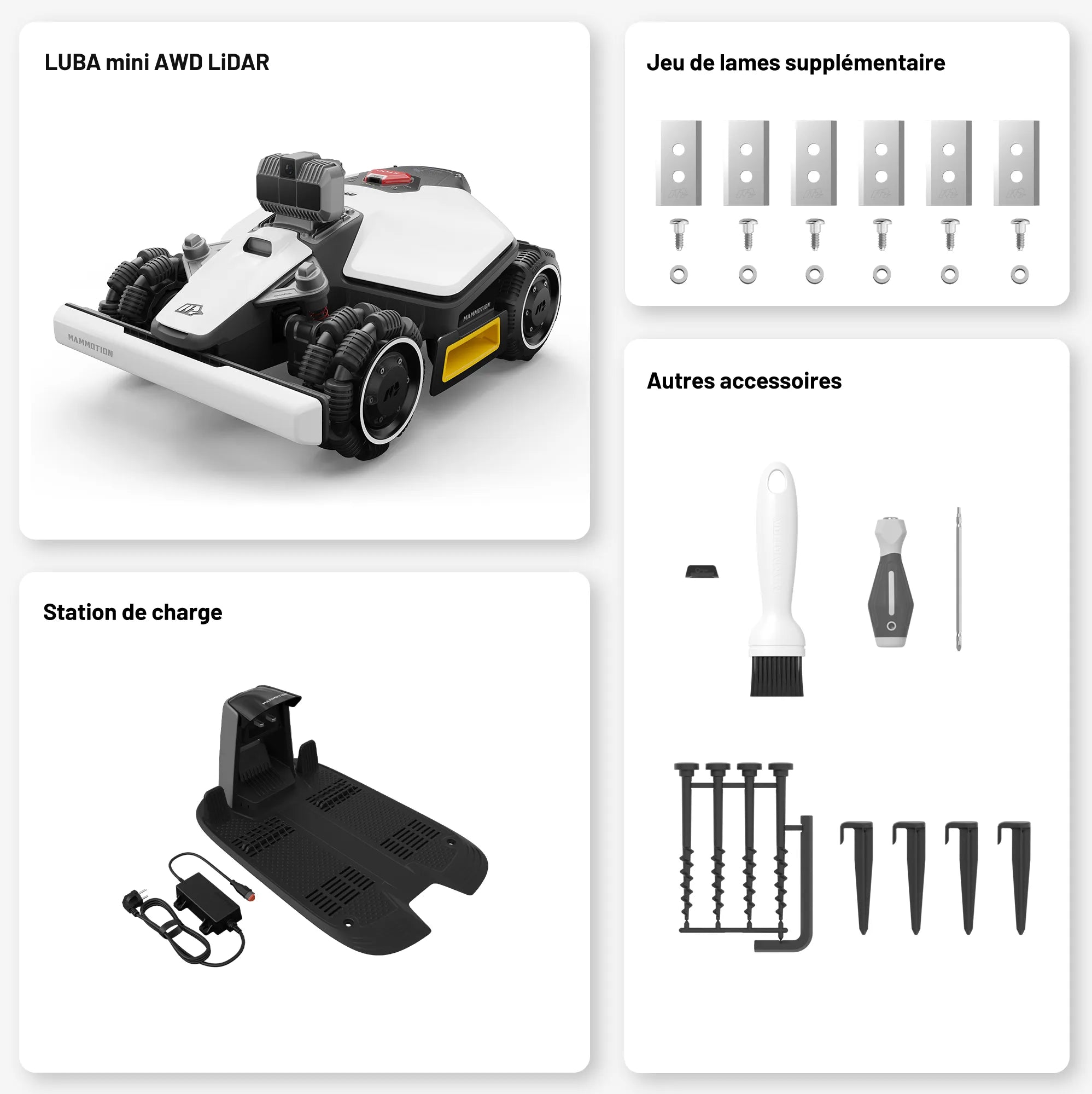 Ensemble robot tondeuse LUBA mini AWD LiDAR comprenant l'unité principale, des lames supplémentaires, une station de charge