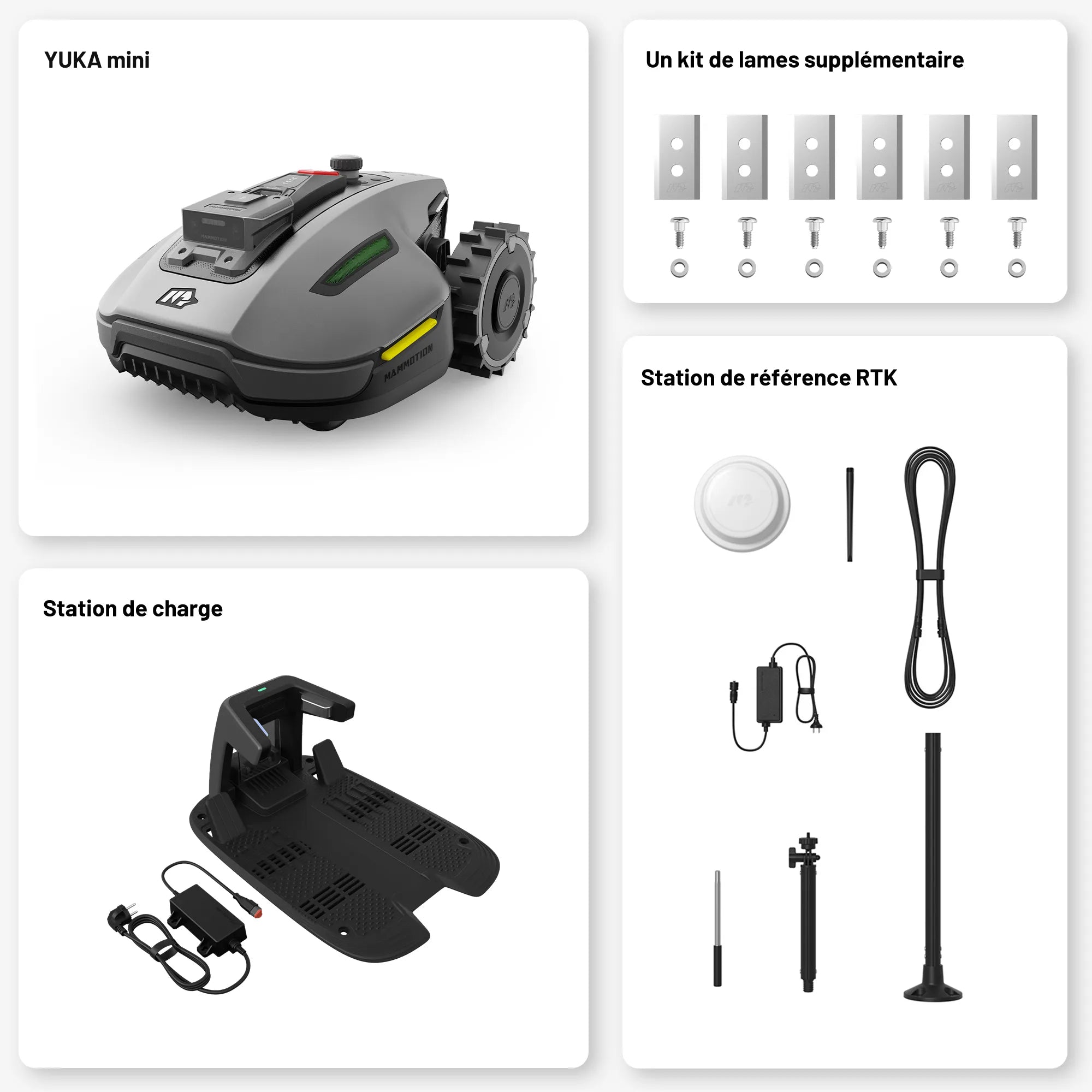 Ensemble robot tondeuse sans fil périphérique Mammotion YUKA mini noir comprenant l'unité principale, des lames supplémen