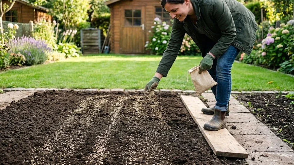 Gros plan sur l'épandage de graines de gazon à la main dans un jardin