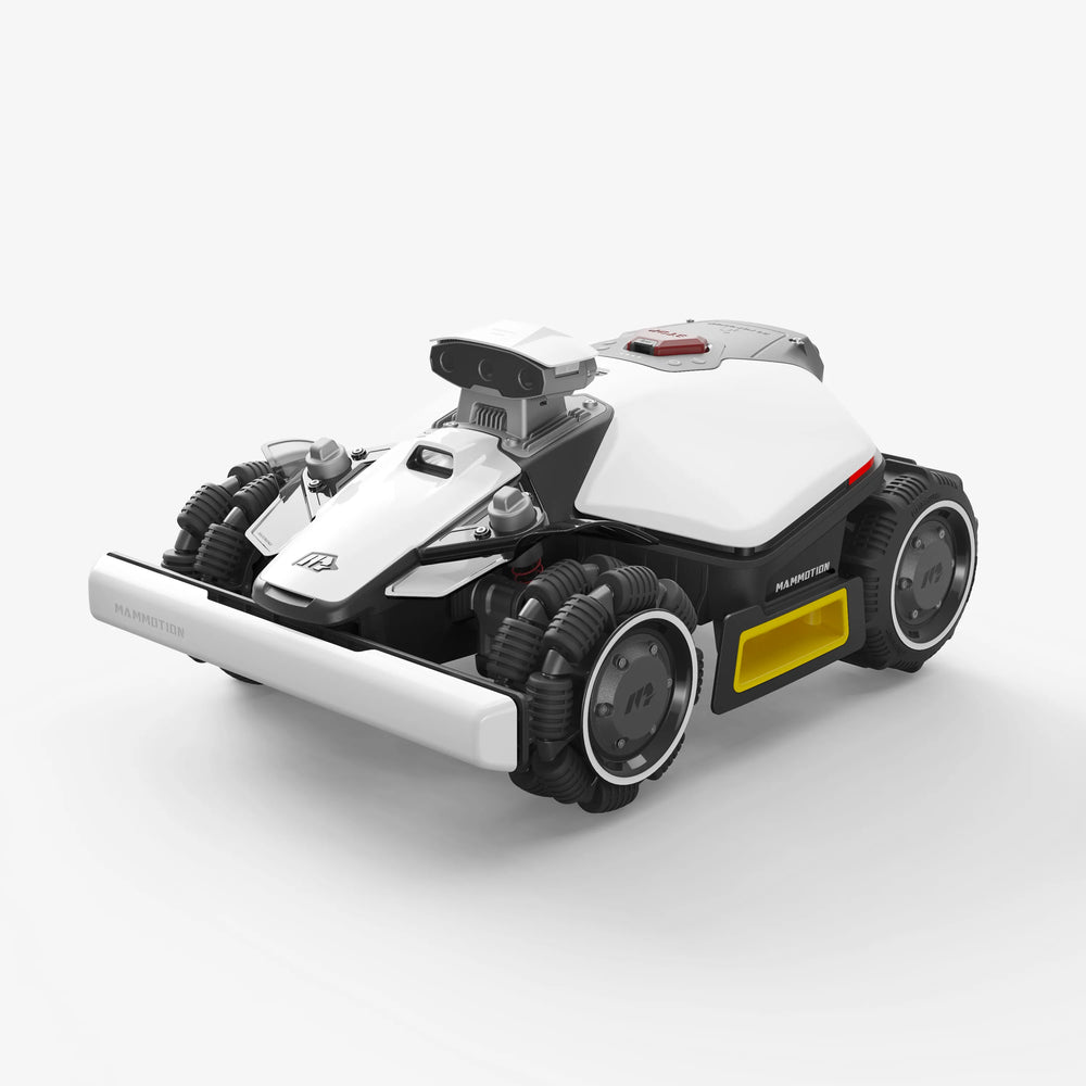 Robot tondeuse sans fil vu de trois quarts, chassis et disque de coupe visibles